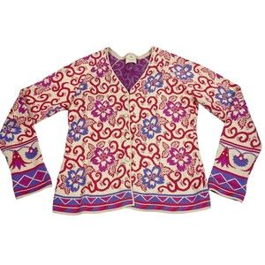 Spirit Of The Andes Pima Cotton Sweater Cardigan Floral Filigree Colorful Sz S
